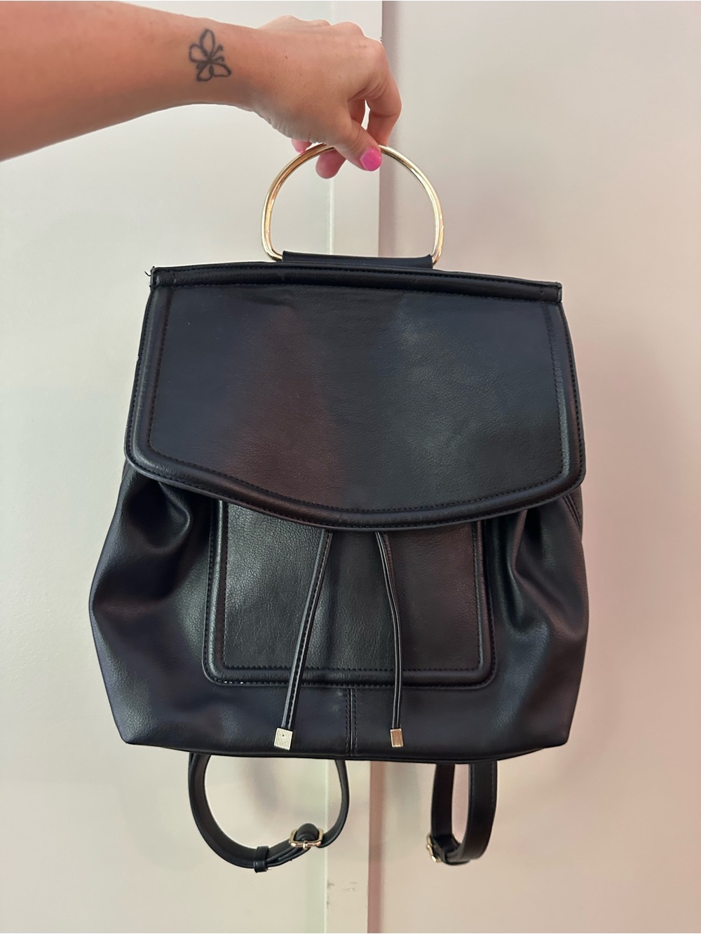 INC International Concepts Black Leather Ring-Handle Backpack Tote